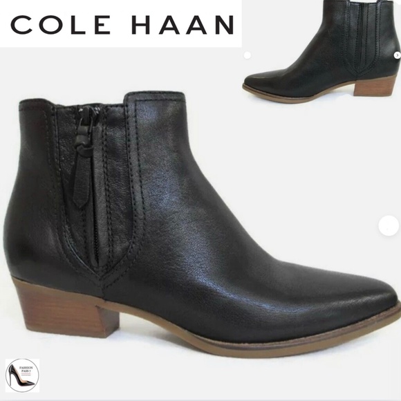 Cole Haan Women's Nella Booties (65mm)Block Heel Black Leather Ankle Boots 9 - Picture 1 of 13